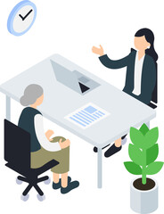 女性アドバイザーに相談する高齢女性のアイソメトリックイラスト