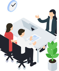 ビジネスにおける会議・相談をする人々のアイソメトリックイラスト