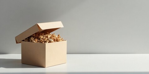A partly opened light beige cardboard box sits on a white surface, filled with a generous portion of crunchy, light brown granola clusters.