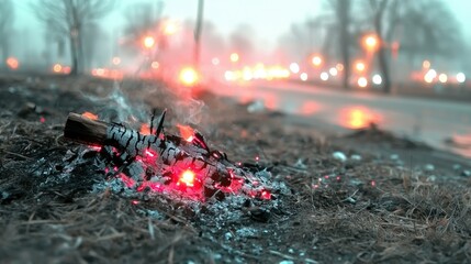 Embers glow beside a misty road at night