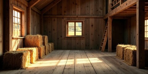 Rustic Wooden Barn Interior with Hay Bales Illuminated by Sunlight Streaming Through Windows