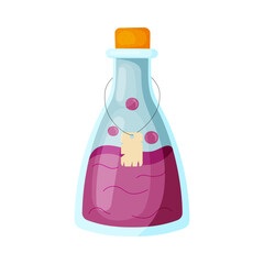 Magic purple potion in a glass bottle with a stopper in flat style isolated on white background. Vector illustration