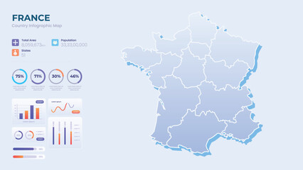 Infographic Map of France. Total Area, Papulation, States & More Detailed Infographic Map of France. Vector Illustration