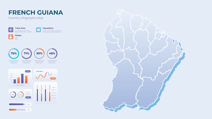 Infographic Map of French Guiana. Total Area, Papulation, States & More Detailed Infographic Map of French Guiana. Vector Illustration