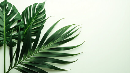 Tropical palm leaves on a white background, ideal for design projects. Copy space photo for versatile use