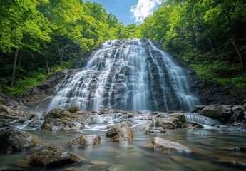 Majestic Waterfall Cascading Over Rocks Surrounded by Lush Green Trees Under Bright Blue Sky with White Clouds