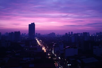 Fototapeta premium Purple city skyline at twilight, cityscape at dusk.