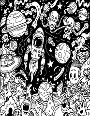 space, astronaut, planet, spacecraft, meteorite, coloring page, pattern, seamless, vector, flower, floral, design, wallpaper, art, illustration, decoration, ornament, bird, texture, doodle, style, dra
