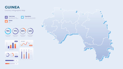Infographic Map of Guinea. Total Area, Papulation, States & More Detailed Infographic Map of Guinea. Vector Illustration