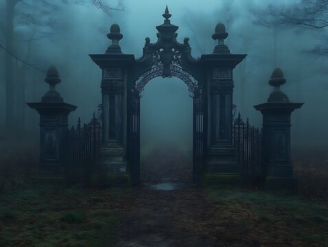 Gate opens to misty path, forest background