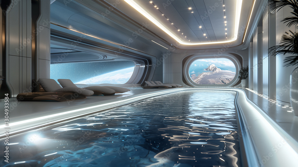 Poster this luxurious pool area in a space hotel with panoramic views of earth and distant mountains.