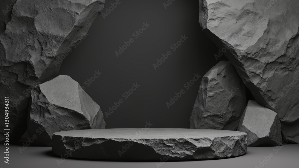Poster black geometric stone and rock shape background, minimalist mockup for podium display or showcase, 3