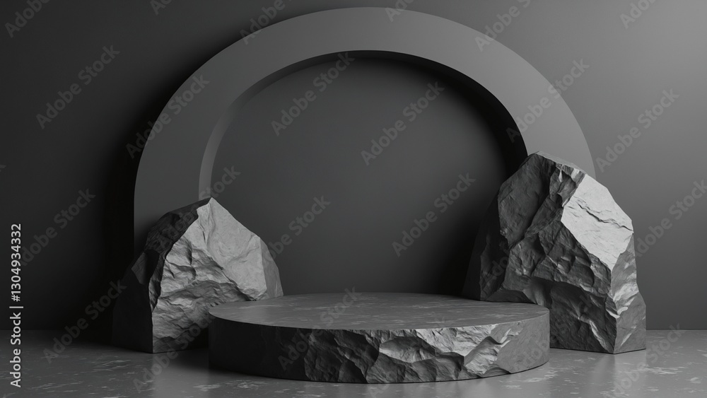 Poster black geometric stone and rock shape background, minimalist mockup for podium display or showcase, 3