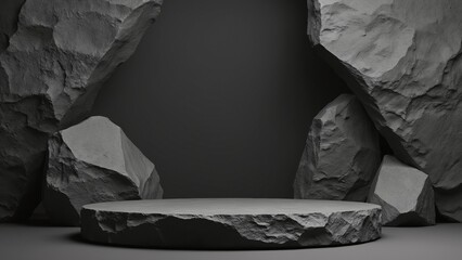 Black geometric Stone and Rock shape background, minimalist mockup for podium display or showcase, 3d rendering