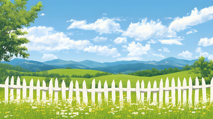 A serene landscape featuring a white picket fence, lush green grass, scattered flowers, and rolling hills under a bright blue sky with fluffy clouds