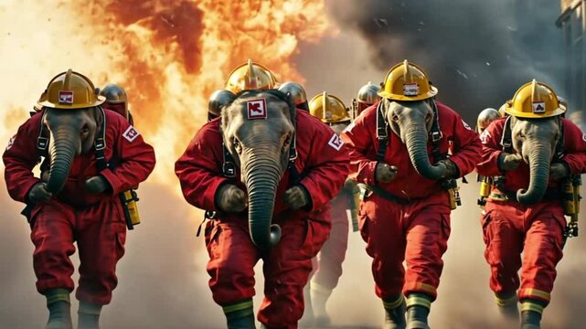 Elephants in Firefighter Suits Running Through Explosion, Action Photo for Entertainment