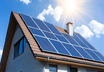 Fototapeta premium Close up of a Modern house roof with solar panels on the roof under a bright sunny sky, renewable energy concept.