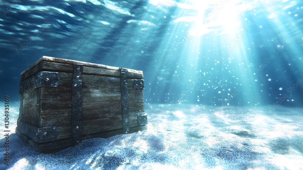 Poster a sunken treasure chest rests on the ocean floor, illuminated by soft rays of light filtering throug