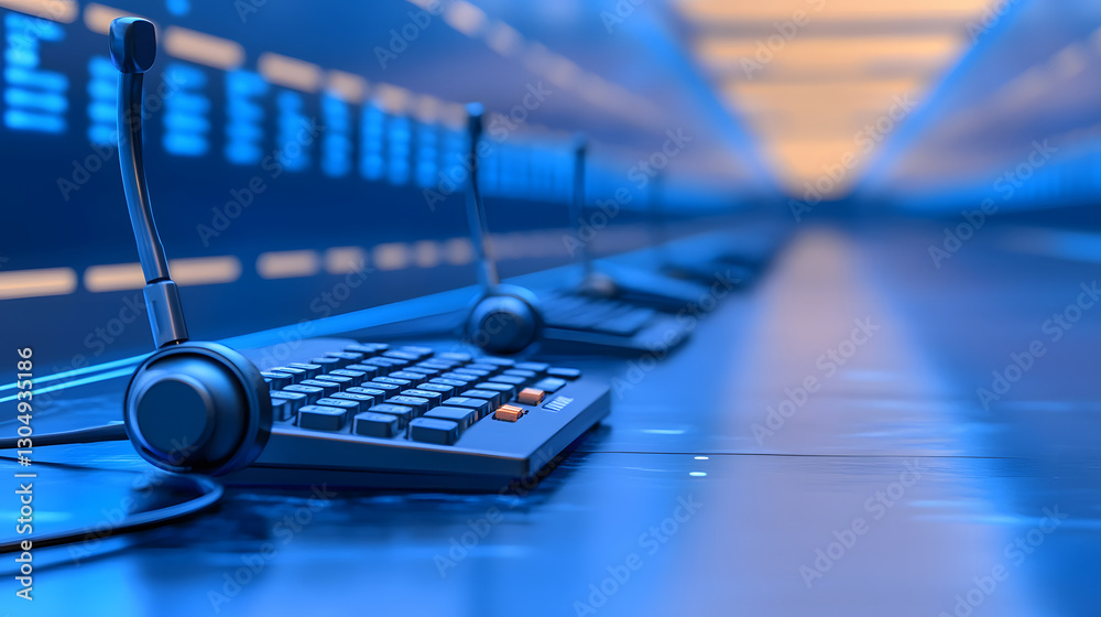 Poster a modern call center setup featuring headsets and keyboards, illuminated by blue lighting, creating 