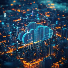 Fototapeta premium Smart city protected by AIpowered cybersecurity, cloud security infrastructure visualization