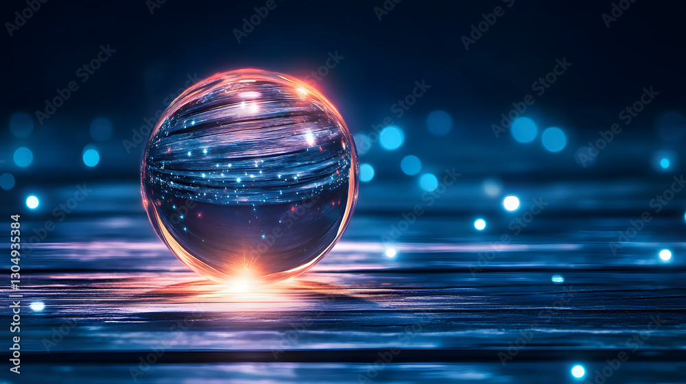 Poster A glowing sphere reflects light on a serene surface, creating a mystical atmosphere with sparkling elements in a deep blue setting