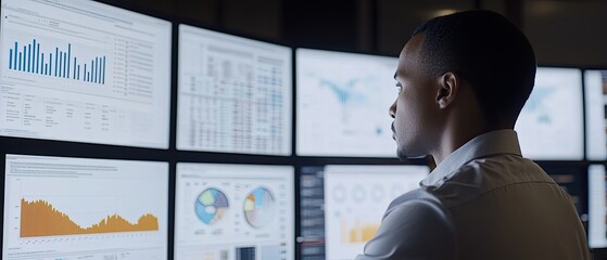 A focused professional monitors multiple screens displaying data visualizations, indicating analysis or decision-making in a tech-driven environment.