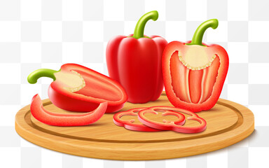 Fresh ripe bell pepper on a cutting board isolated vegetable on white background. Whole, half and slices of red raw pepper. Sweet paprika. Realistic 3d vector illustration.