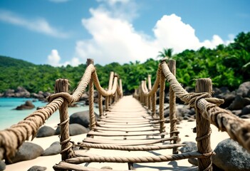 A rope bridge on a tropical beach with rocks and lush greenery.