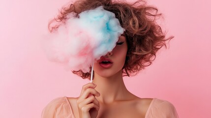 Pink-dressed woman with curly hair holding cotton candy in front of face