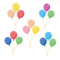 Colorful festive balloons set, vector illustration. Party celebration concept, bright helium balloons in red, blue, yellow, green, and pink. Cheerful and joyful mood, cartoon style, perfect for birthd