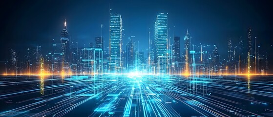 Futuristic cityscape at night, glowing digital lines connecting buildings, representing technological advancement and smart city concepts.