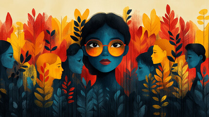 Vivid Abstract Art Portrait Featuring Diverse Faces With Vibrant Colors and Leaf Motifs Showcasing Human Creativity