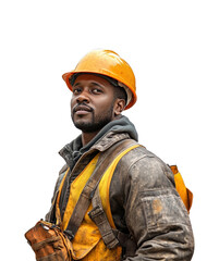 Construction worker portrait urban site isolated on transparent background png