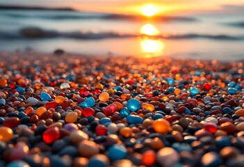 Fototapeta premium Glass beads on a beach at sunset.