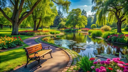 Obraz premium Serene park landscape featuring a wooden bench situated along a tranquil pond surrounded by vibrant flowerbeds and lush green trees under a bright sunny sky