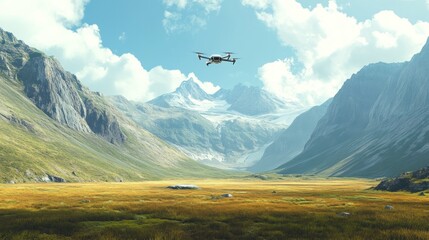 A quiet valley with flying drones surrounded by mountains and vast empty fields, combining nature and technology, background wallpaper AI generated image