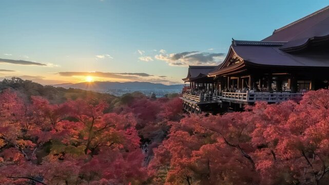 Kyoto Japan time lapse day to night sunset at Kiyomizu dera temple in autumn season