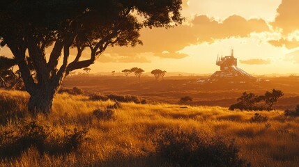 Naklejka premium Vast grassland with tall buildings tech in the distance, a view of balance between nature and city. background wallpaper AI generated image