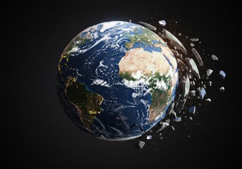 Earth globe, partially shattered, floating pieces