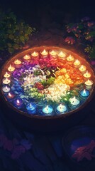 Rainbow Candles and Flowers in a Wooden Bowl