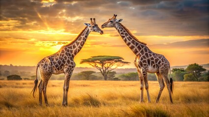 Obraz premium Golden Hour Giraffe Encounter A Serene Sunset Silhouette in the African Savanna