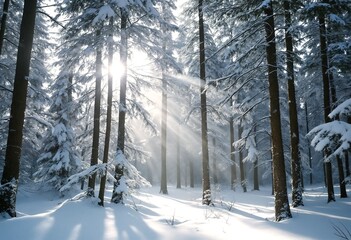 Naklejka premium A serene winter forest scene with snow-covered trees and sunlight filtering through the branches.
