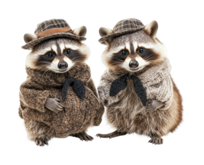 Stylish raccoons in whimsical portraits isolated on transparent background png