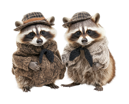 Stylish raccoons in whimsical portraits isolated on transparent background png