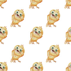 Colorful watercolor chickens create a playful seamless pattern for fabric and wrapping designs