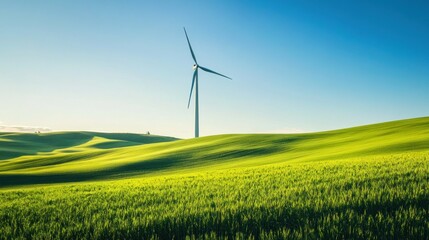 Natural scenery with expanse of green fields, wind turbines towering in the distance, background wallpaper AI generated image