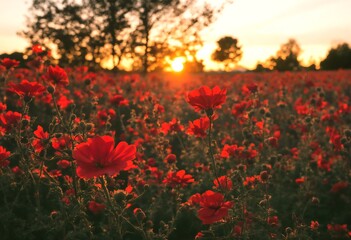 Obraz premium A field of red poppies at sunset.
