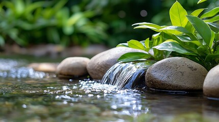 Cascading Water Over Smooth Stones and Lush Green Plants
