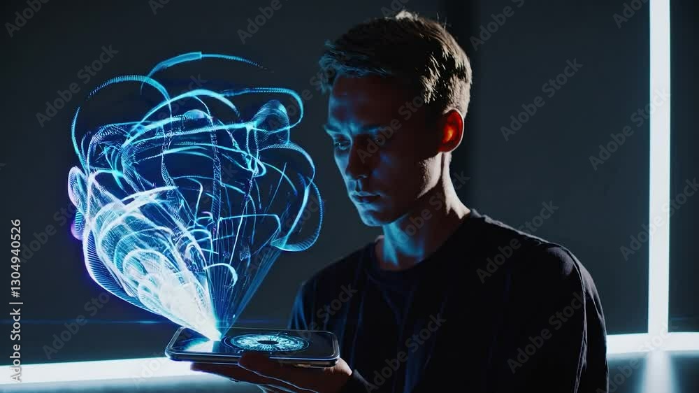 Poster software engineer holding smartphone generating hologram of data analysis, visualizing big data and 