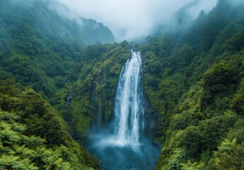 Fototapeta premium Majestic Waterfall Cascading Through Lush Green Forest Surrounded by Misty Mountains and Vibrant Flora in Tranquil Landscape